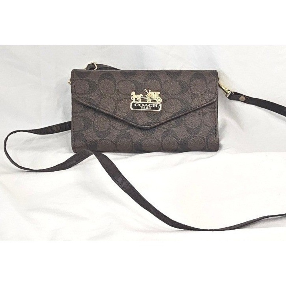 Coach Signature Monogram Crossbody Wallet Bag Brown Gold Horse Carriage Logo